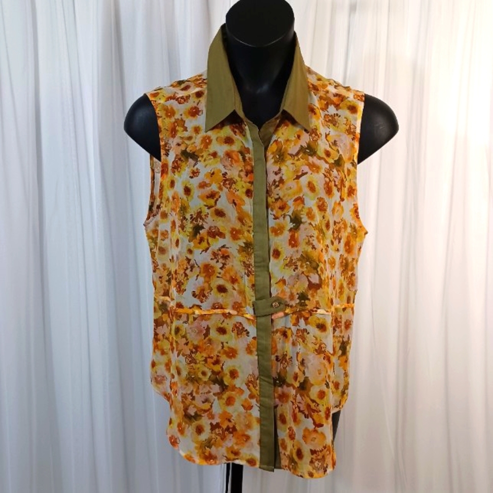 Bar III Floral Blouse with Olive Collar Size:XL